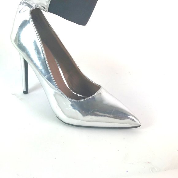 Silver Hi Heels with Black Ankle Strap - Picture 1 of 5